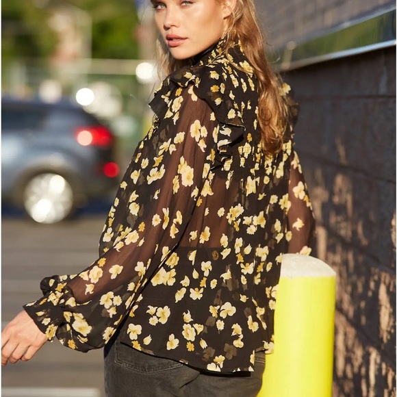 The Kooples Funnel Neck 100% Silk Sheer Smocked Floral Blouse Size Small - Picture 7 of 16